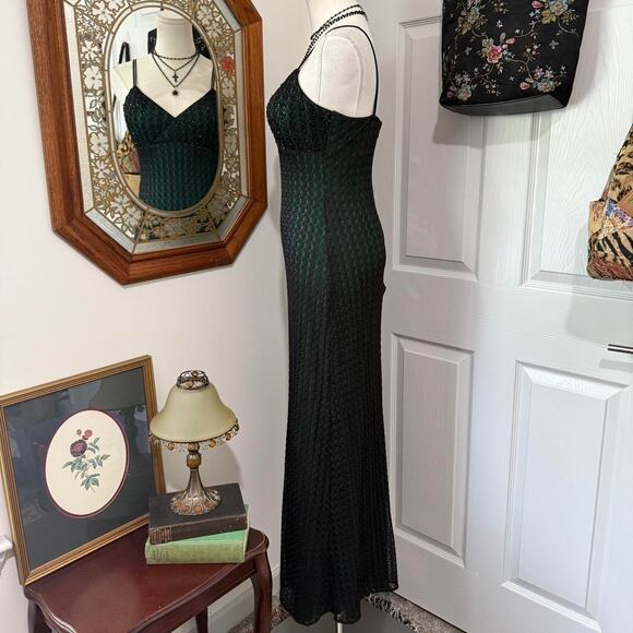 VTG Y2K Cache Dark Green & Black Mesh Crochet Beaded Formal Maxi Dress 2/XS - Picture 3 of 7
